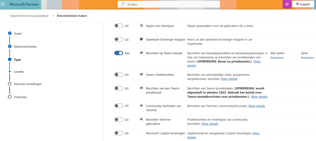 Wijziging configuratie van een Bewaarbeleid/retentionpolicy
