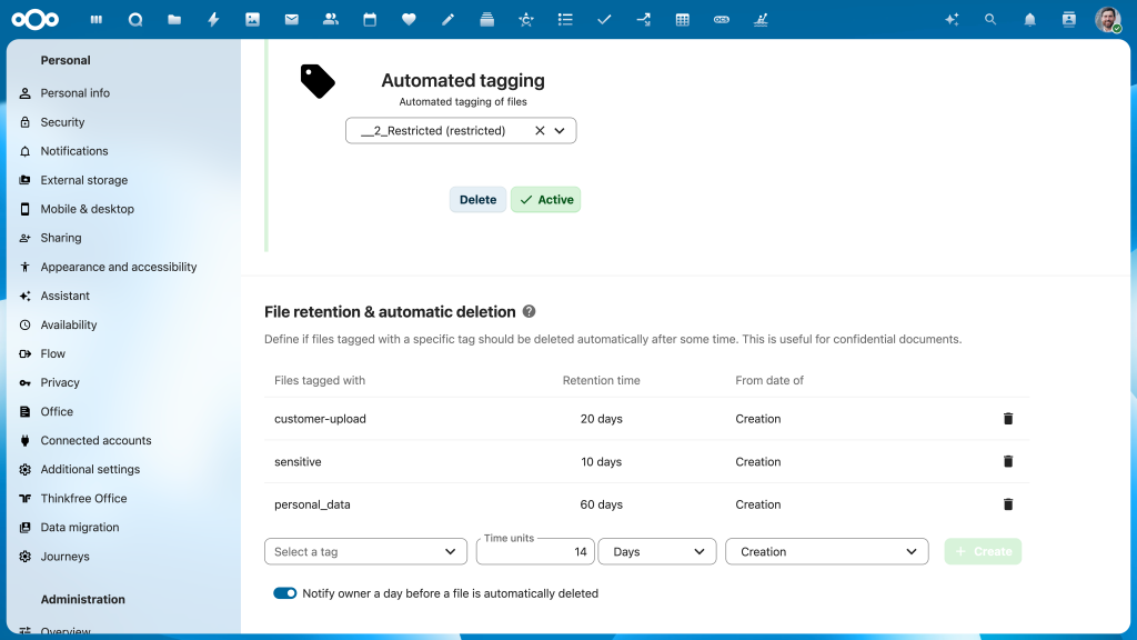 Nextcloud retentie regels